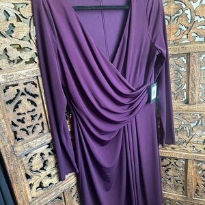 MARINA Draped V-Neck Long Sleeve Dress - Plum